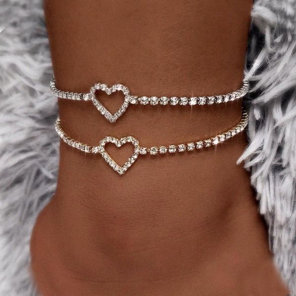 

anklets summer beach bling rhinestone heart for women fashion crystal tennis chain hollow leg barefoot jewelry gifts, Red;blue