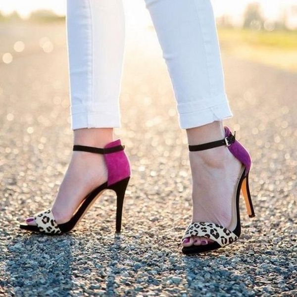 

womens high heel sandals patchwork leather party club summer shoes daily wear casual buckle strap fashion, Black