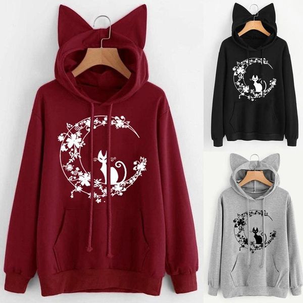 

lovely women hoodies long sleeve with cat ears hooded front big pocket casual sweatshirts for female ladies spring autumn women's, Black