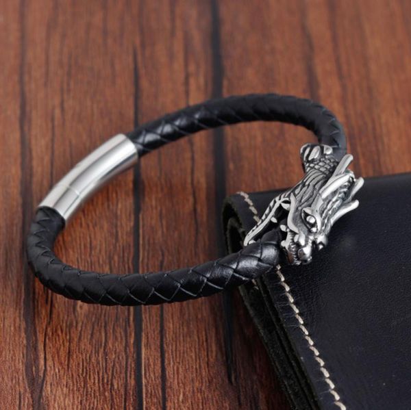 

charm bracelets classic chinese style rock party jewelry dragon head metal magnetic buckle braided leather bracelet for men, Golden;silver