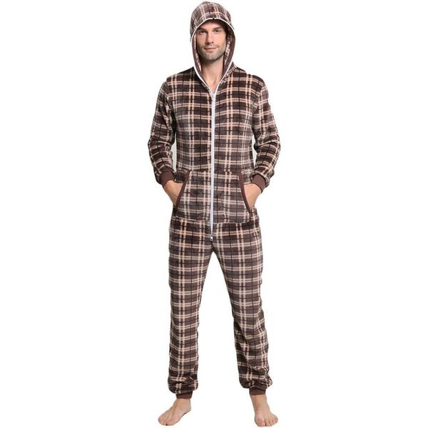

winter men's thick plaid flannel one-piece home wear jumpsuit cool summer casual sleepwear men pajamas, Black;brown