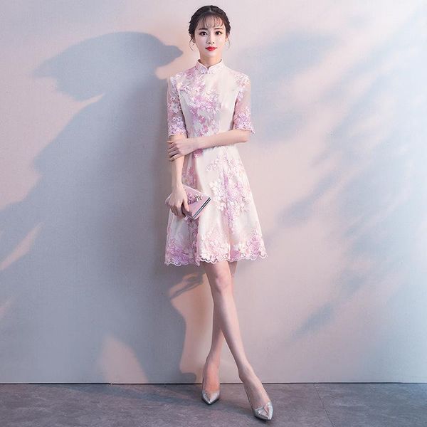 

ethnic clothing ladies sweet pink lace floral embroidery chinese style a-line short cheongsam s  l xl xxl xxxl, Red