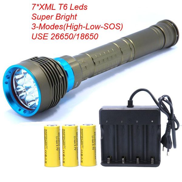 

flashlights torches 7*xml t6 powerful led diving torch linternas underwater waterproof lamp use rechargeable 26650 battery