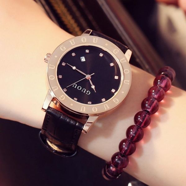 

wristwatches brand female genuine leather clcoks fashion quaity woman waterproof luxury student damen dress watches with calendar, Slivery;brown