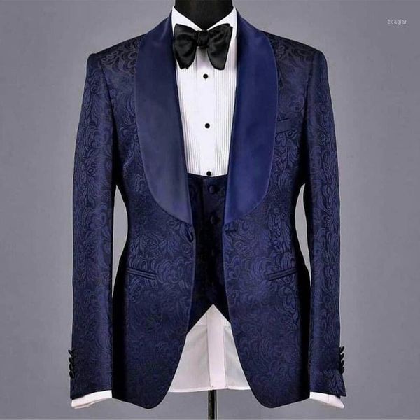 

men's suits & blazers navy blue floral jacquard groom tuxedo for wedding slim fit 3 piece men suit jacket waistcoat with black pants ma, White;black