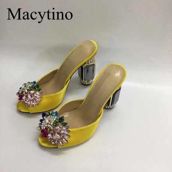 

slippers block heel mules shoes women leather jeweled colorful crystals slides summer plus size 43, Black