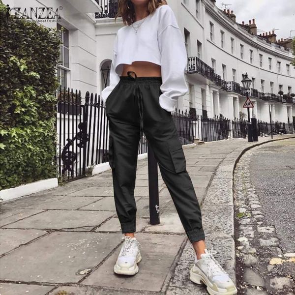 

women's pants & capris zanzea 2021 fashion lady solid high wiast trousers casual pockets cargo female long pantalones streetwear, Black;white