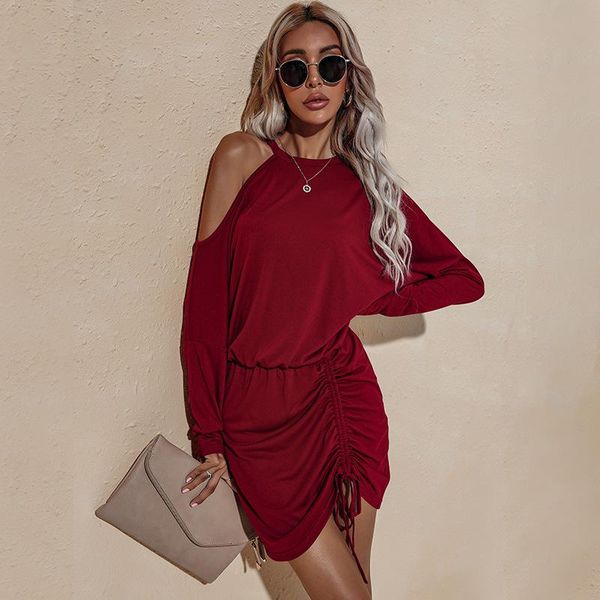 

casual dresses kilee 2021 autumn mini dress long sleeve strapless loose drawstring for women and girls, Black;gray