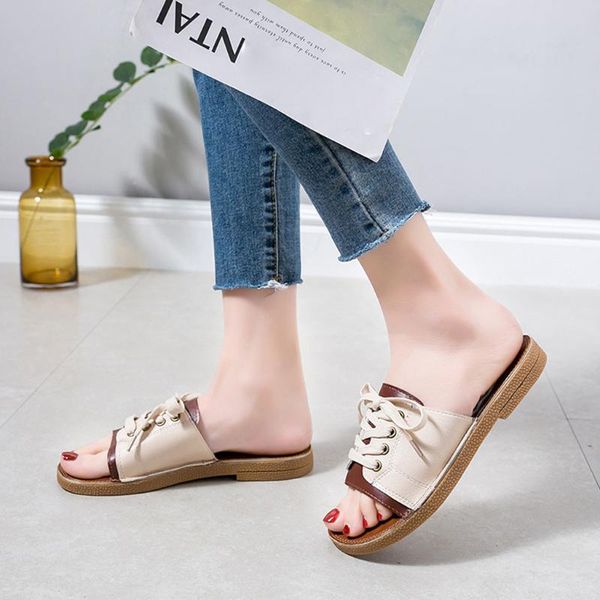 

slippers tied rope women summer flat bottomed shoes open toe non-slip beach white wedges shoes#3, Black