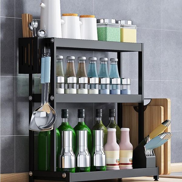 

black kitchen shelf storage table seasoning supplies bottles & jars