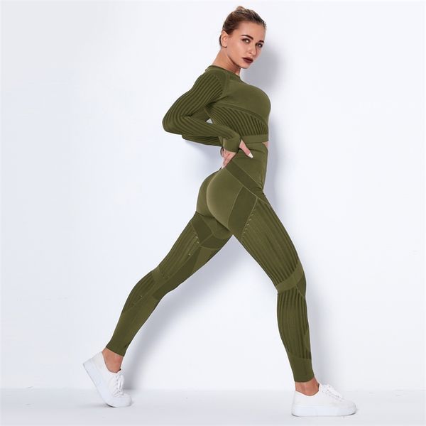 

women seamless yoga set gym fitness leggings hollow out cropped shirts sport suit long sleeve tracksuit sets 210813, Gray