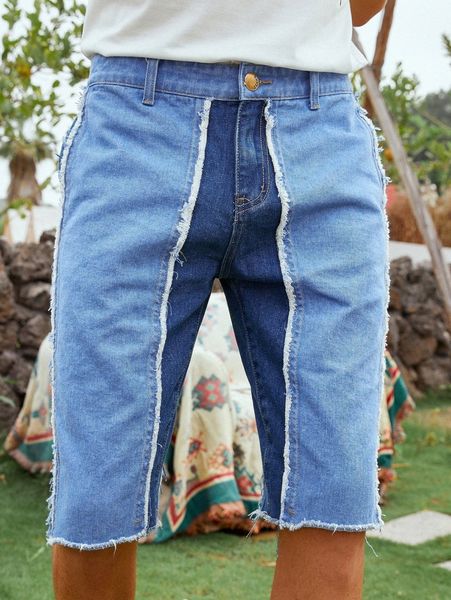 

men colorblock raw hem denim shorts l8nm#, Blue