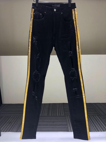 

men's jeans ripped knees gold-edged silver-trimmed glitter pink striped slim pants black high quality, Blue