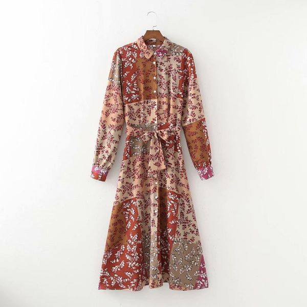 

casual dresses duoperi vintage printed shirt dress with sashes women fashion long sleeves single-breasted chic lady midi female robe, Black;gray