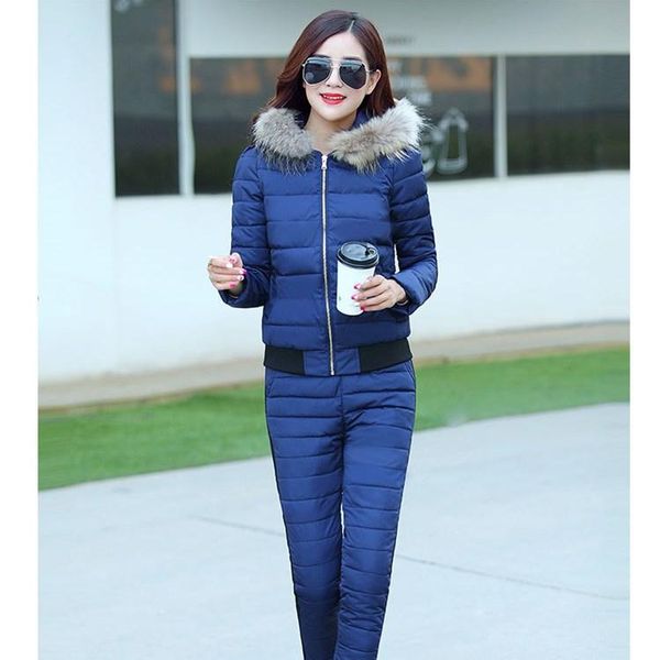 

women's two piece pants winter down cotton suit women fur collar hooded thick tracksuit short warm jacket pant set, White