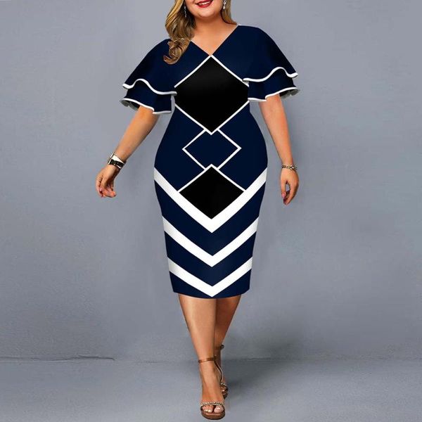 

plus size dresses women evening party dress 2021 elegant geometric printed layered bell sleeve casual club outfits 4xl 5xl, Black