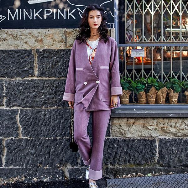 

two piece dress lanmrem 2021 fashion v collar double breasted patchwork blazer + loose wide leg patns for women female pieces set yg607, White
