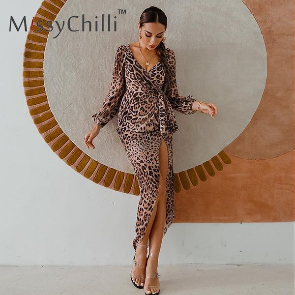 

glamaker leopard printed long sleeve bandage dress women high split party club midi female dinner winter casual dresses, Black;gray