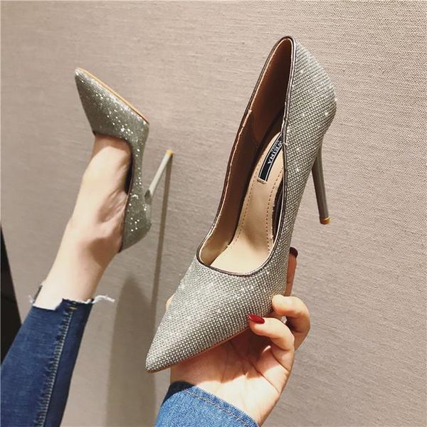 

dress shoes 2021 women pumps wedding crystal high heels 10cm thin pointed toe diamond party, Black