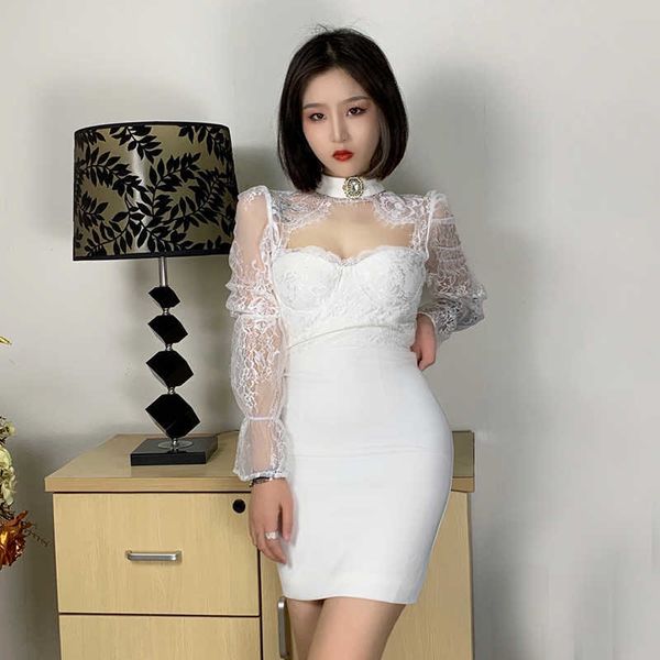 

deat women temperament stitching lace buttocks dress turtleneck long sleeve high waist fashion spring summer 11b134 210709, Black;gray