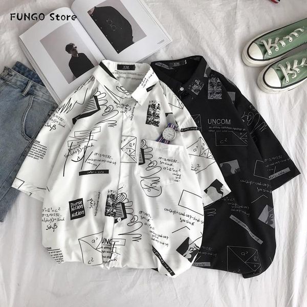 

summer short-sleeved shirt men's fashion printed man streetwear wild loose hip-hop shirts men hawaiian casual, White;black