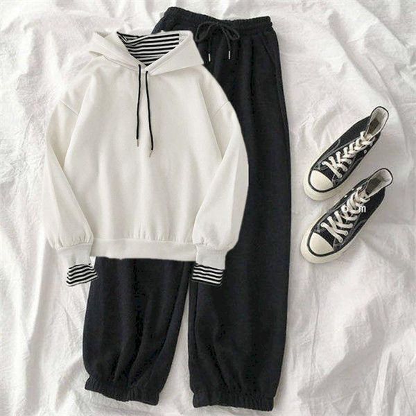 

women's two piece pants sports sportswear autumn and winter wear plus velvet thickening korean version loose thick two-piece student su, White