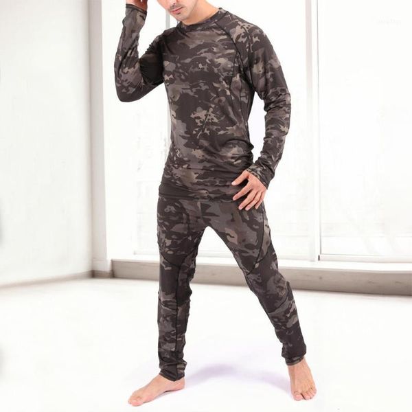 

men camouflage print long sleeve pants jogging gym trousers outfit winter thermal underwear set men's sleepwear, Black;brown