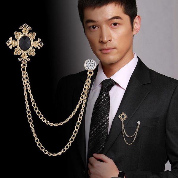 

pins, brooches korean fashion crystal brooch men's suit collar pins metal tassel chain lapel pin badge jewelry for women accessories, Gray