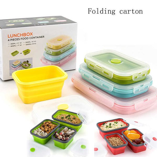 4 Größen Silikon zusammenklappbare Lunchbox Lebensmittelaufbewahrungsbehälter Bunte mikrowellengeeignete tragbare Picknick Camping Rechteck im Freien 210709