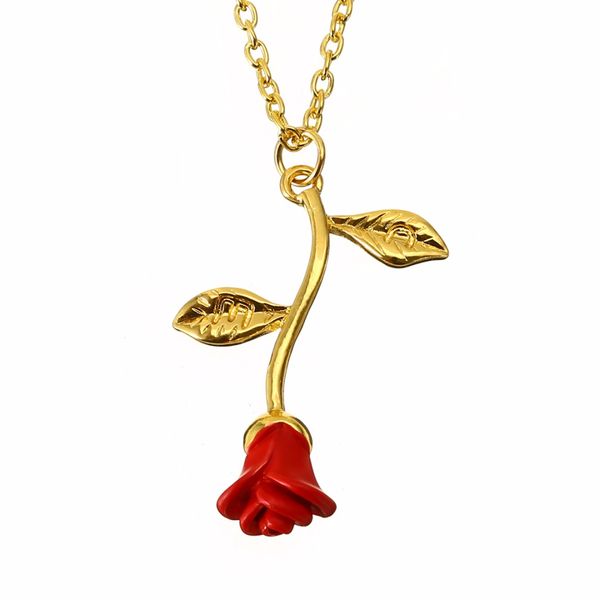 

red rose flower statement sweater chain necklace choker shellhard trendy pendant necklace collier bijoux femme women jewelry party gift, Golden;silver