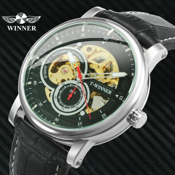 

official casual watch men skeleton automatic mechanical watches leather strap wristwatches fashion dress, Slivery;brown