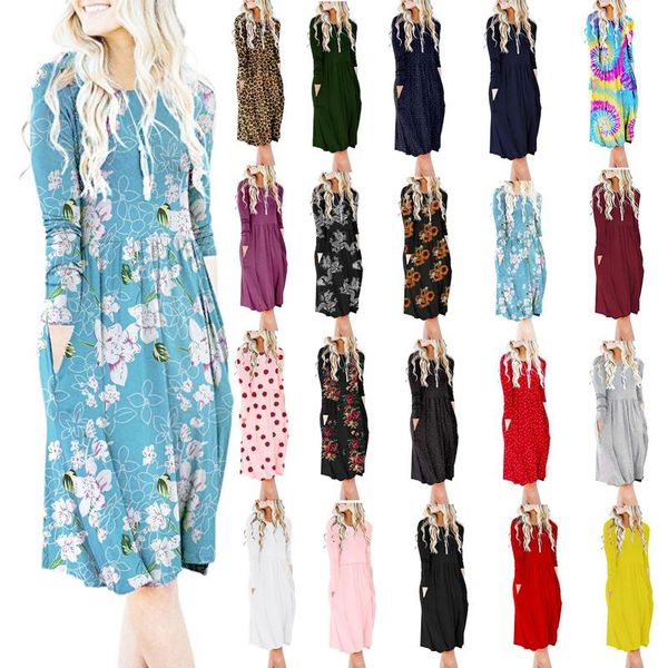 

casual dresses spring autumn dress women elegant o-neck long sleeves fashion printed solid knee-length party loose dress2021, Black;gray