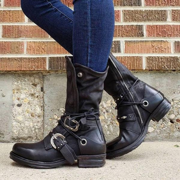 

boots women individuality lace up rivet strap buckle zipper, Black