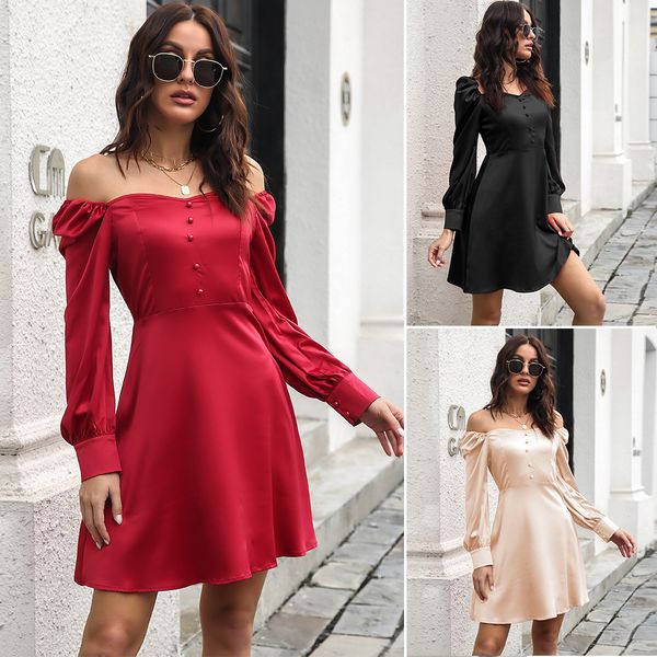 

new spring summer casual dresses satin love collar bubble sleeve french long sleeve dress female, Black;gray