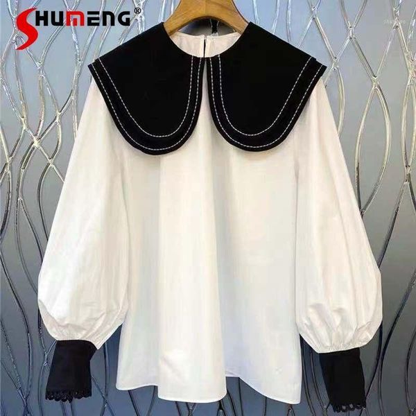 

women's blouses & shirts 2021 summer fall female color contrast doll collar loose women graceful sweet long sleeve shirt fashion wester, White