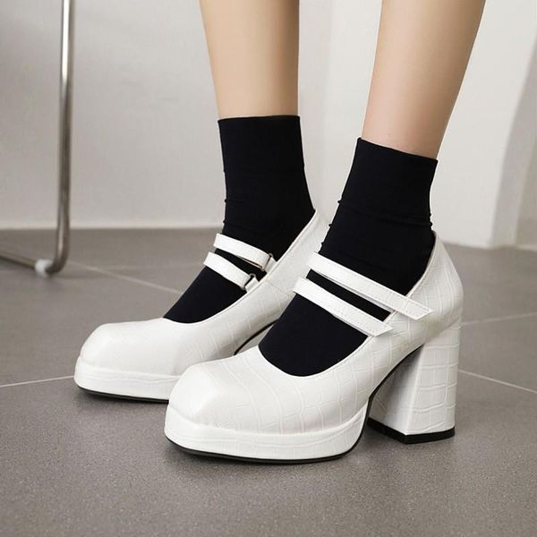 

mary jane high heels shoes women square toe chunky platform pumps retro fashion double strap buckle leather spring dress, Black