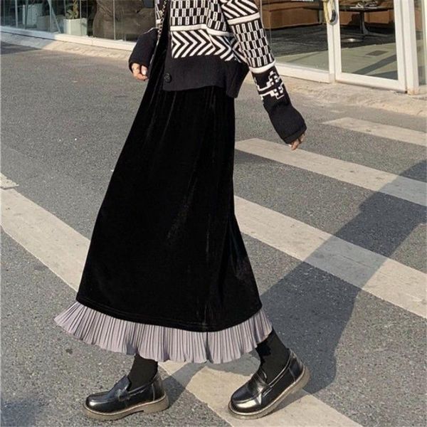 

winter vintage stitching velvet pleated women skirt autumn harajuku high waist black long skirts student casual party