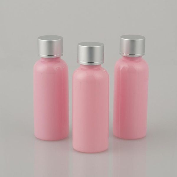 

5pcs 50ml pink plastic bottle round shoulder anodized aluminum cover with inner plug emulsion sub-bottle wholesale bq122 wine glasses
