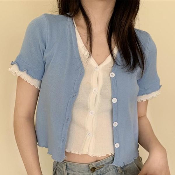 

women's t-shirt 2021 summer tight cardigan solid color short paragraph fake two-piece v-neck knit women's, White