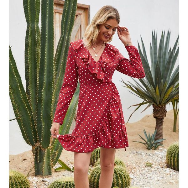 

casual dresses red agaric ruffled dress women polka dot printed beach vintage elegant v-neck summer slim mini vestidos, Black;gray