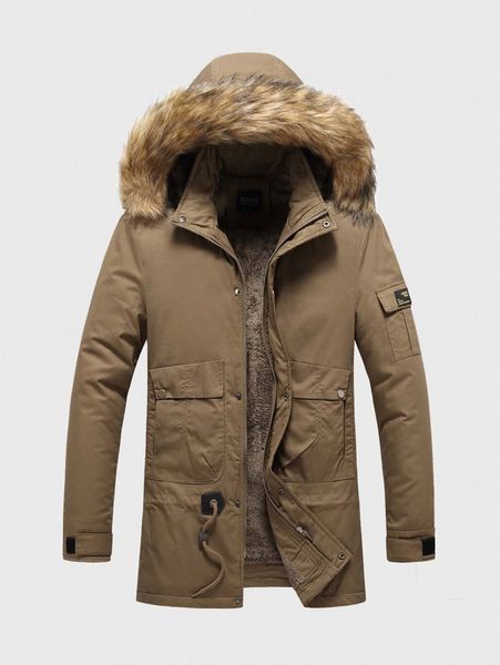 

men patched drawstring fuzzy trim teddy lined hooded parka coat u7in#, Black;brown