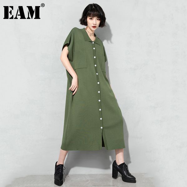 

[eam] women multi color big size knitted single breasted pockets dress lapel short sleeve loose fit fashion summer 21512, Black;gray