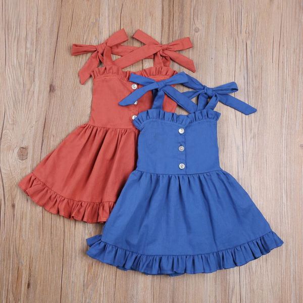 

girl's dresses summer lovely baby girls princess dress 2 colors solid ruffles sleeveless button a-line mini sundress 0-24m, Red;yellow