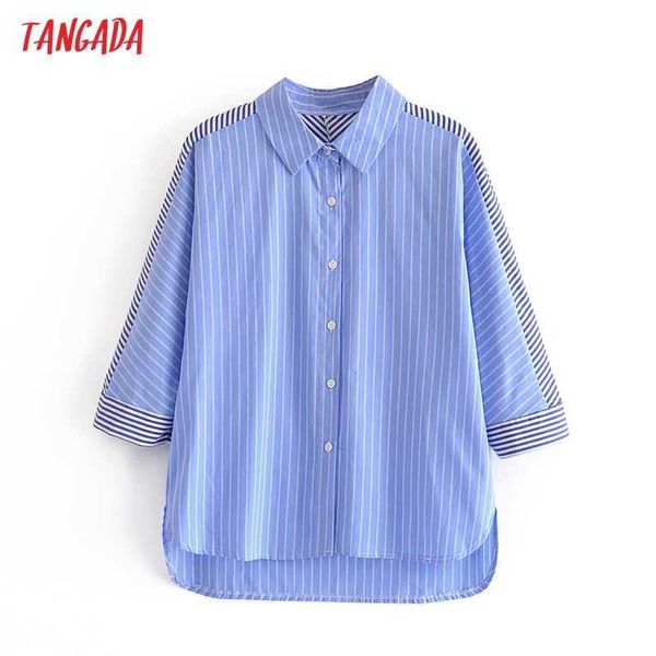 Tangada Donna Camicia allentata con stampa patchwork a righe blu Camicia allentata casual femminile a tre quarti con manica a tre quarti 3W112 210609