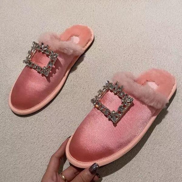 

slippers diamond buckle decor silk for women fur slides inside real leather sole runway mules ladies winter shoes, Black