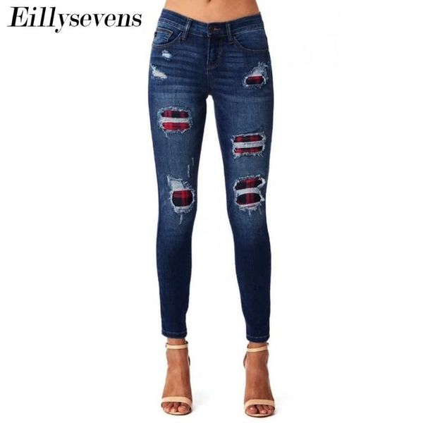 

women's jeans trendy for women high waist hole patch button drawstring bell bottom denim skinny pencil pants, Blue