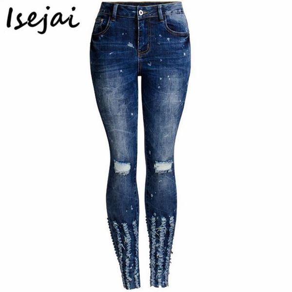 

women's jeans ripped skinny pencil for women mid waist slim woman elastic denim pants trousers, Blue