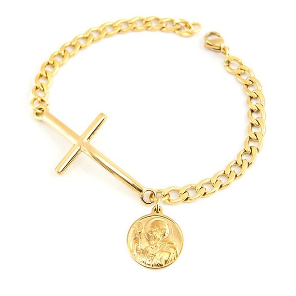 

charm bracelets stainless steel saint san benito virgin mary pendant cuban chain corss connecter bracelet for women, Golden;silver