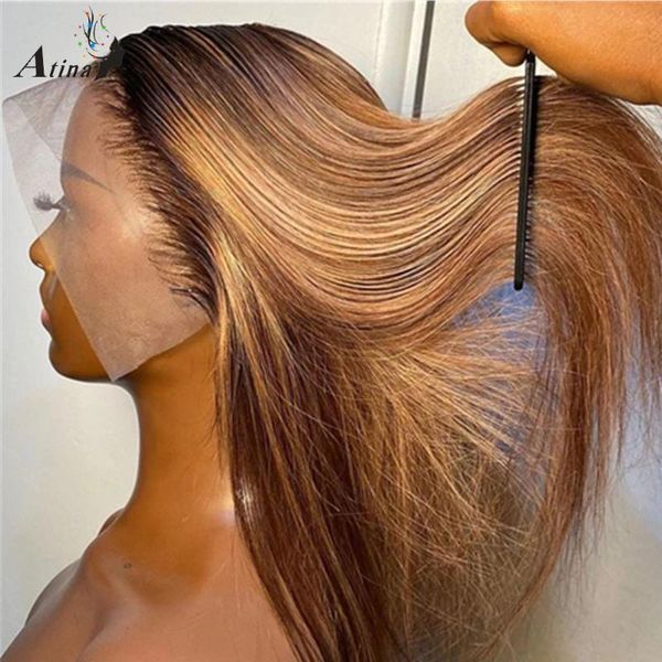 

lace wigs preplucked straight hair wig ombre highlight honey blonde color 13x4 front human hd transparent frontal, Black;brown