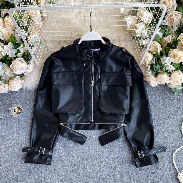 

women's leather & faux 2021 autumn spring fashion casual long sleeve solid color stitched zipper slim coat women short pu jacket, Black